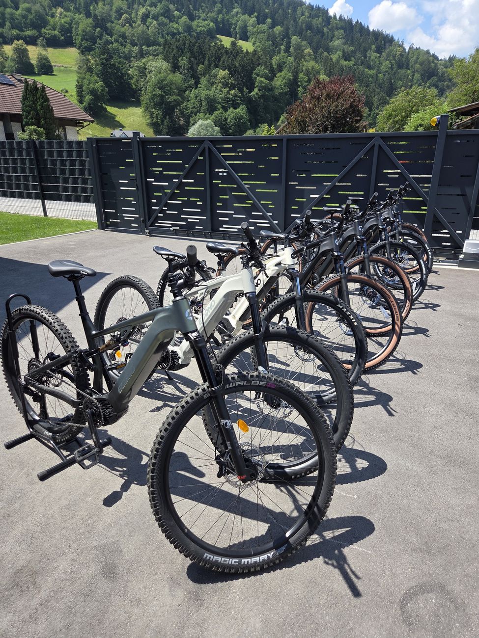 Električna gorska kolesa ECONO, postavljena v vrsto pred koroškimi hribi